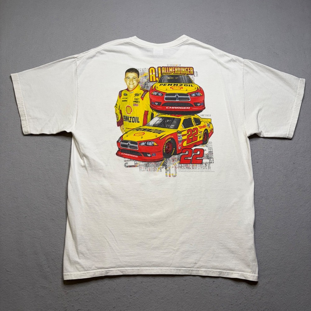 Gildan NASCAR T-Shirt Mens XL White AJ Allmendinger 22 Pennzoil Dodge Graphic